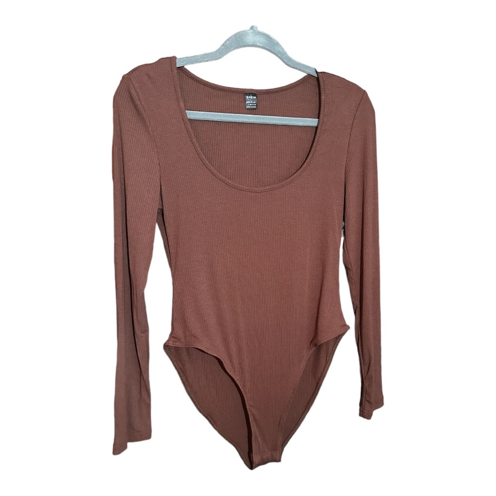 SHEIN brown long sleeve scoop ribbed neck button one piece bodysuit NWOT